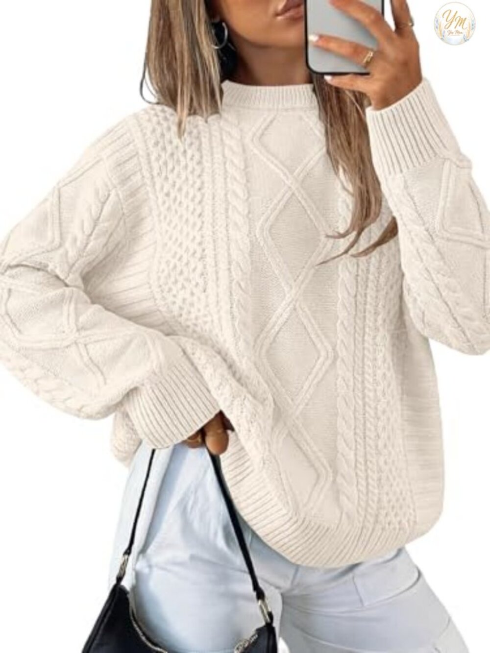 Oversized Cable Knit Pullover Sweater Crewneck Long Sleeve